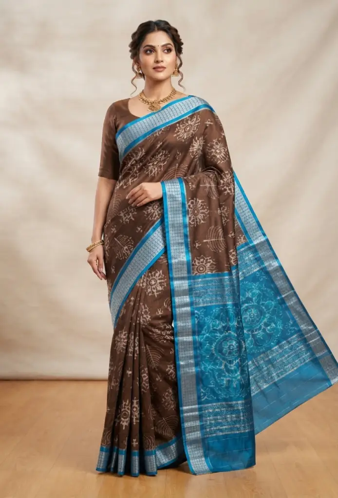 Adisha: Sambalpuri Silk Saree in Coffee and Blue