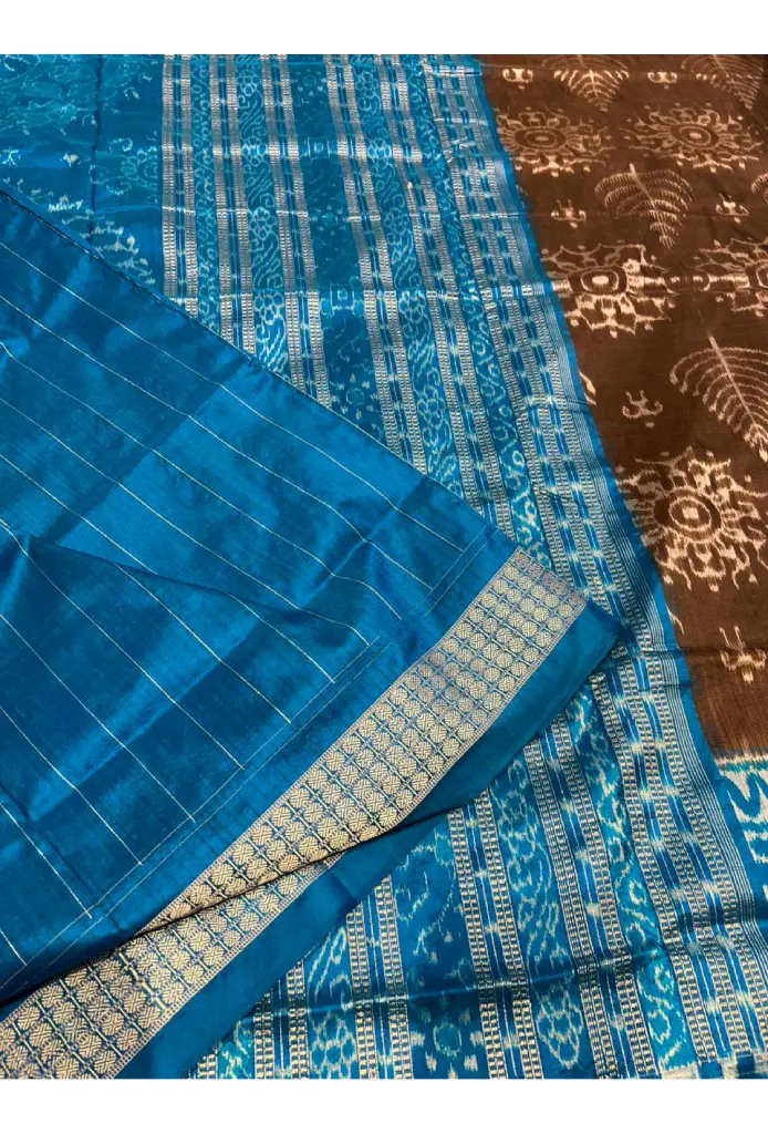 Adisha: Sambalpuri Silk Saree in Coffee and Blue - Image 3
