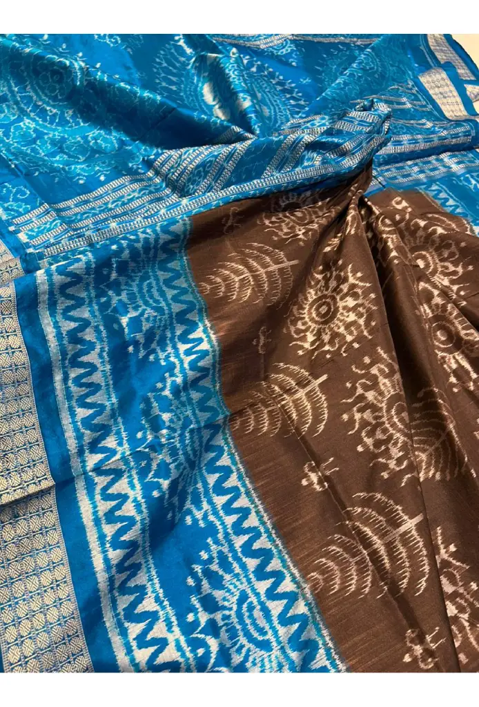 Adisha: Sambalpuri Silk Saree in Coffee and Blue - Image 5